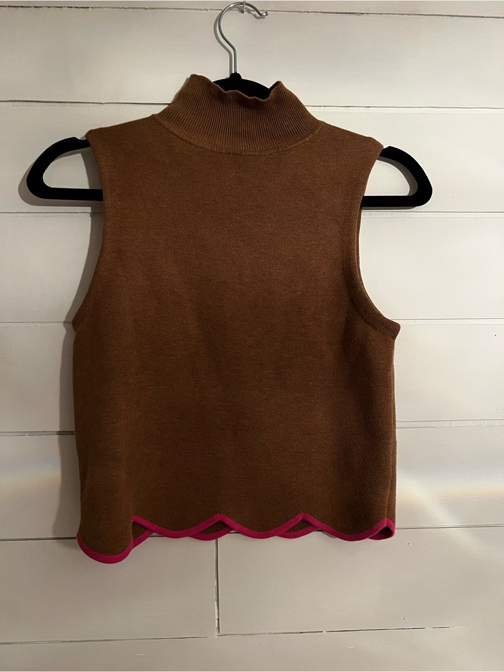 Mauve Sleeveless Brown Knit Mock Neck Top with Pink Trim